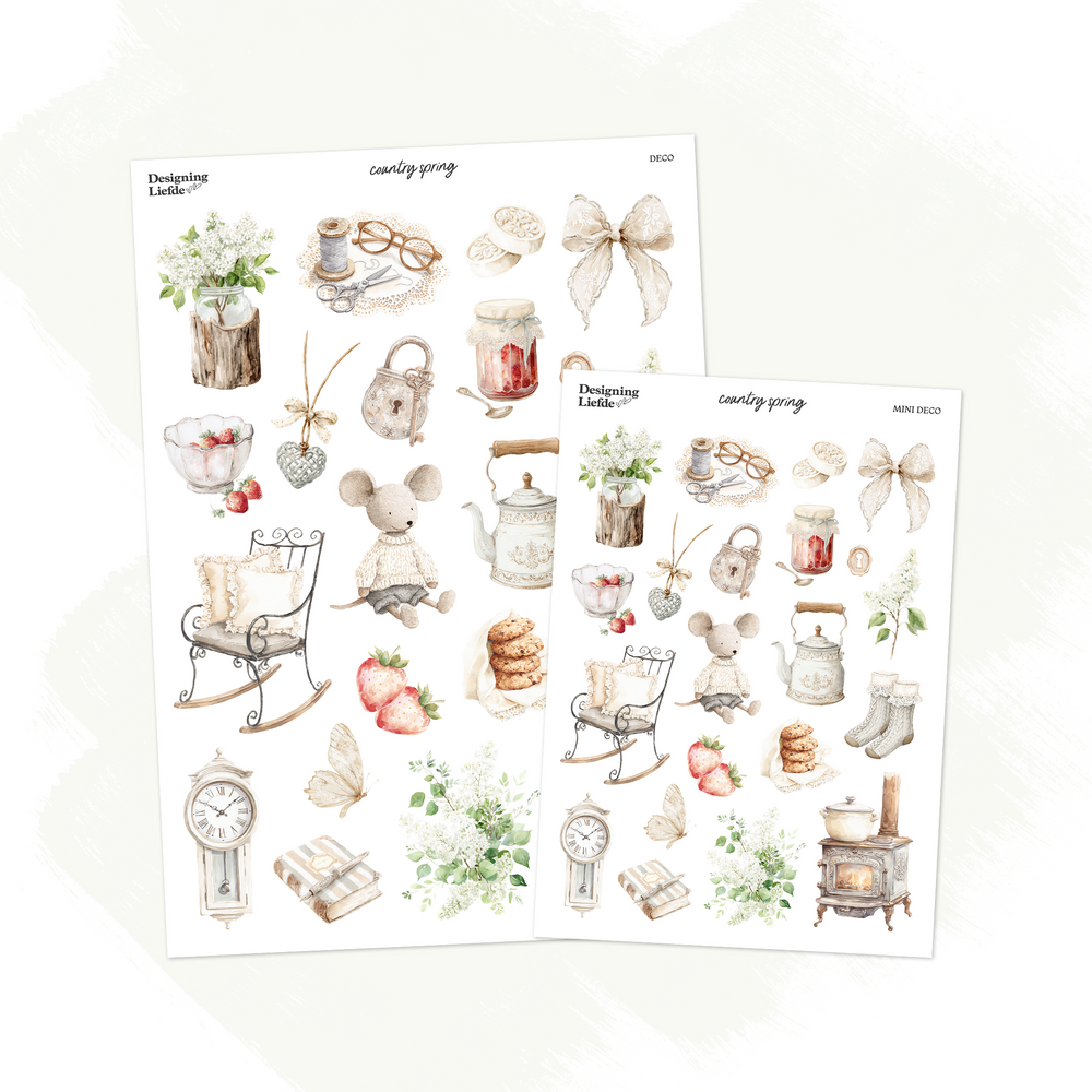 Country Spring decorative sticker sheets in A5 Deco and Mini Deco sizes with florals, strawberries and cosy cottage motifs