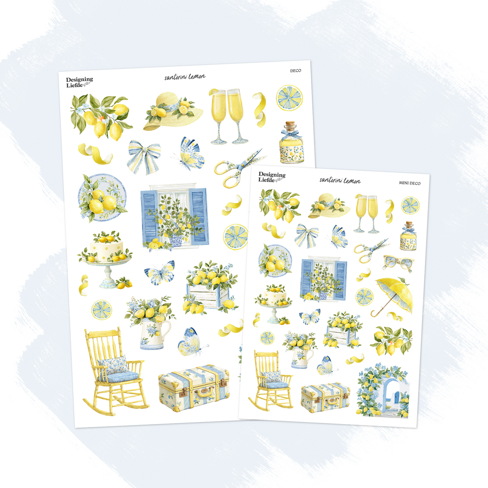 Santorini Lemon decorative sticker sheets in A5 Deco and Mini Deco sizes with lemons, blue shutters and Mediterranean motifs