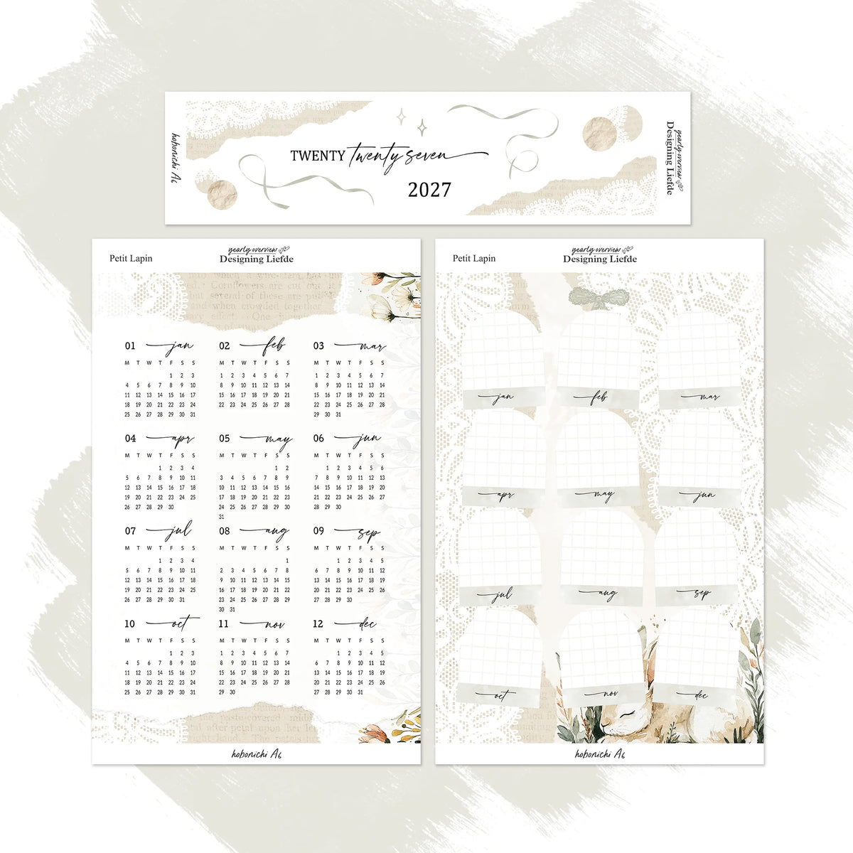 Petit Lapin 2027 Hobonichi Techo A6 three-sheet sticker kit shown as a complete separated set