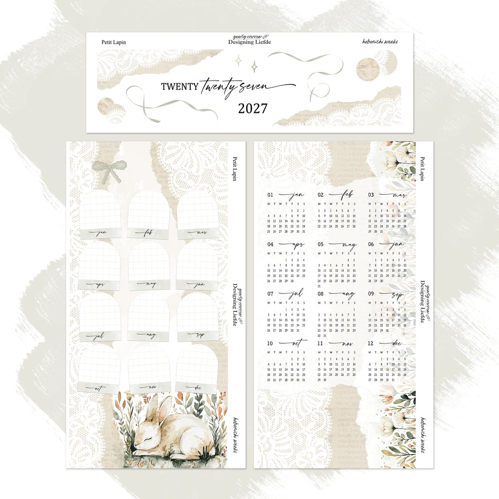 Petit Lapin 2027 Hobonichi Weeks three-sheet kit in an overlapping view
