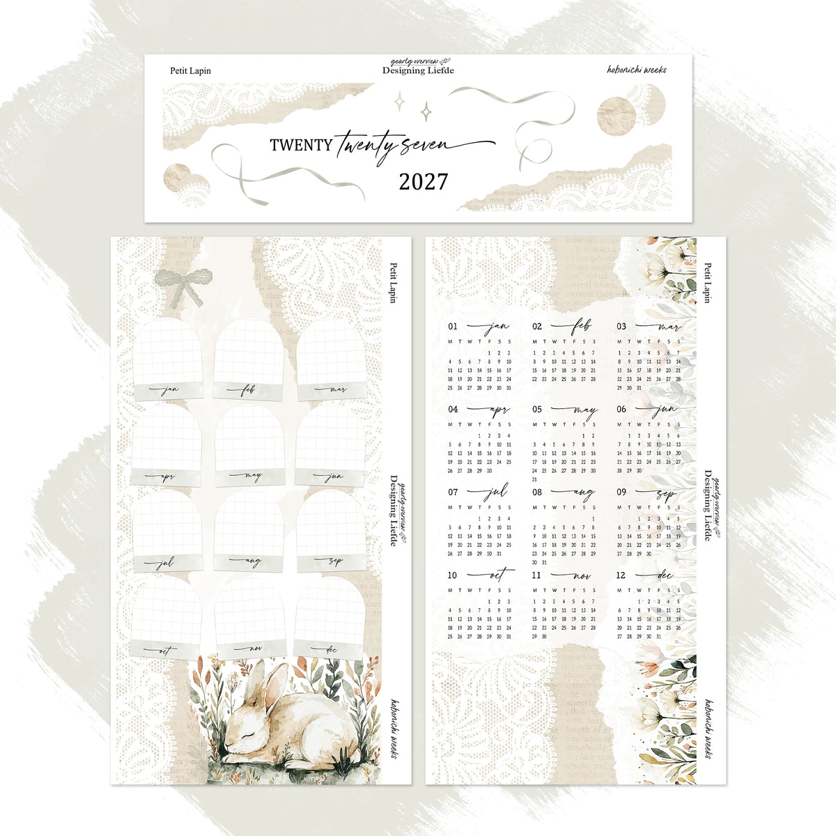 Petit Lapin 2027 Hobonichi Weeks three-sheet kit in an overlapping view