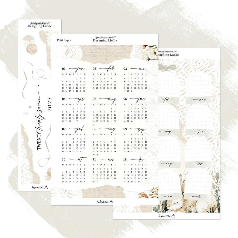 Petit Lapin 2027 Hobonichi Techo A6 three-sheet sticker kit in an overlapping view