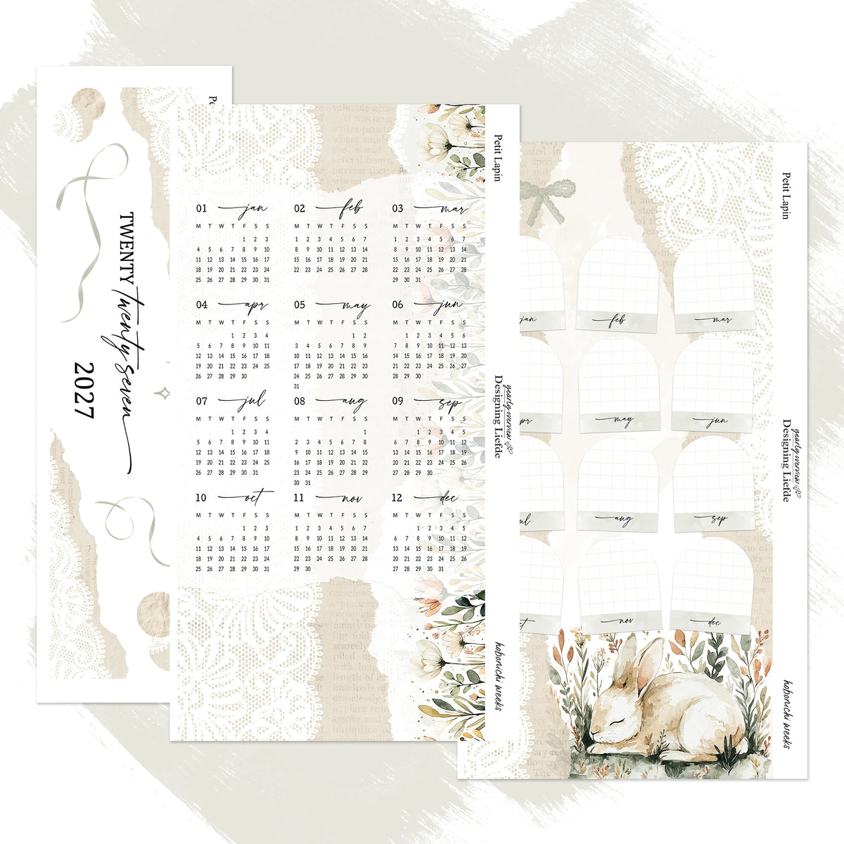 Petit Lapin 2027 Hobonichi Weeks three-sheet kit shown complete and separated