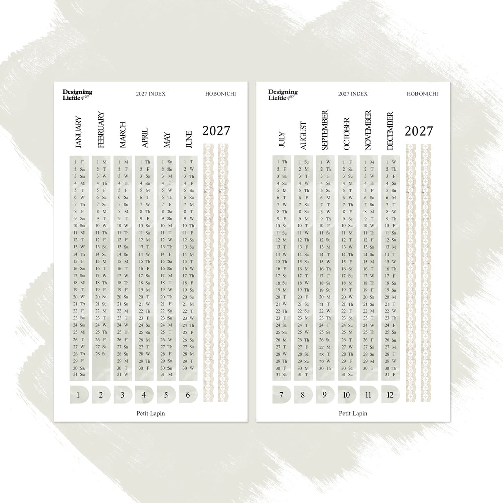 Two-sheet Petit Lapin 2027 Yearly Index sticker kit for Hobonichi Cousin in cream, sage and warm neutrals