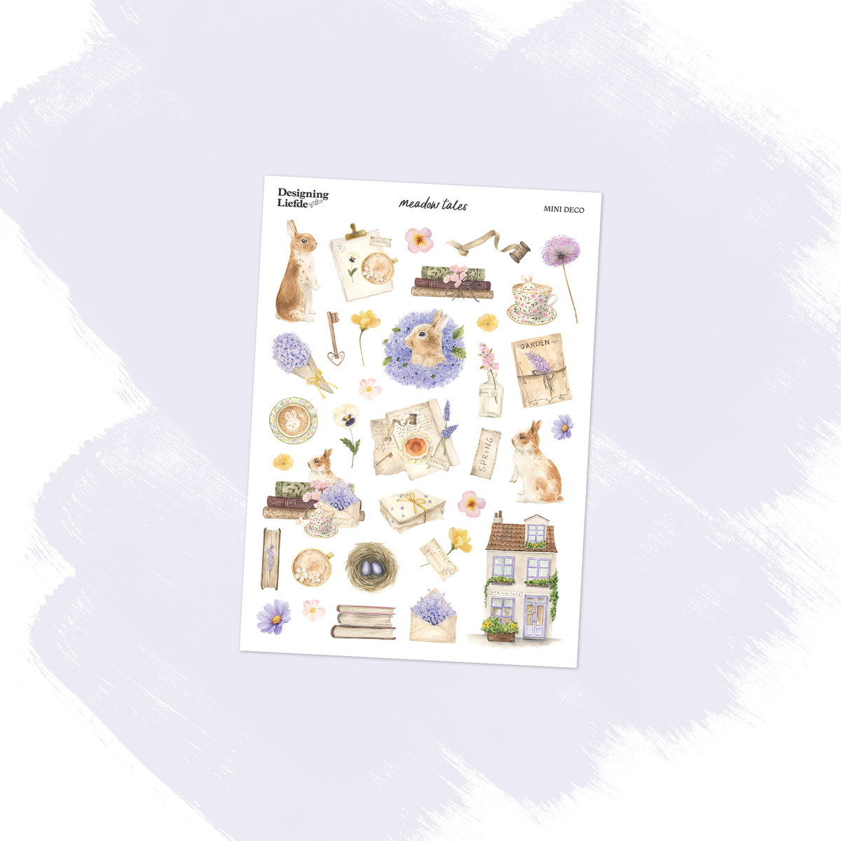 Meadow Tales Mini decorative sticker sheet with rabbits, lilac hydrangeas, teacups and spring stationery