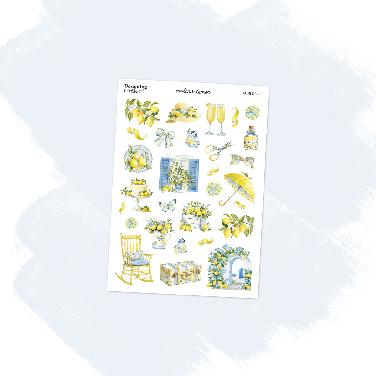 Santorini Lemon Mini decorative sticker sheet with lemons, butterflies, blue shutters and Mediterranean motifs