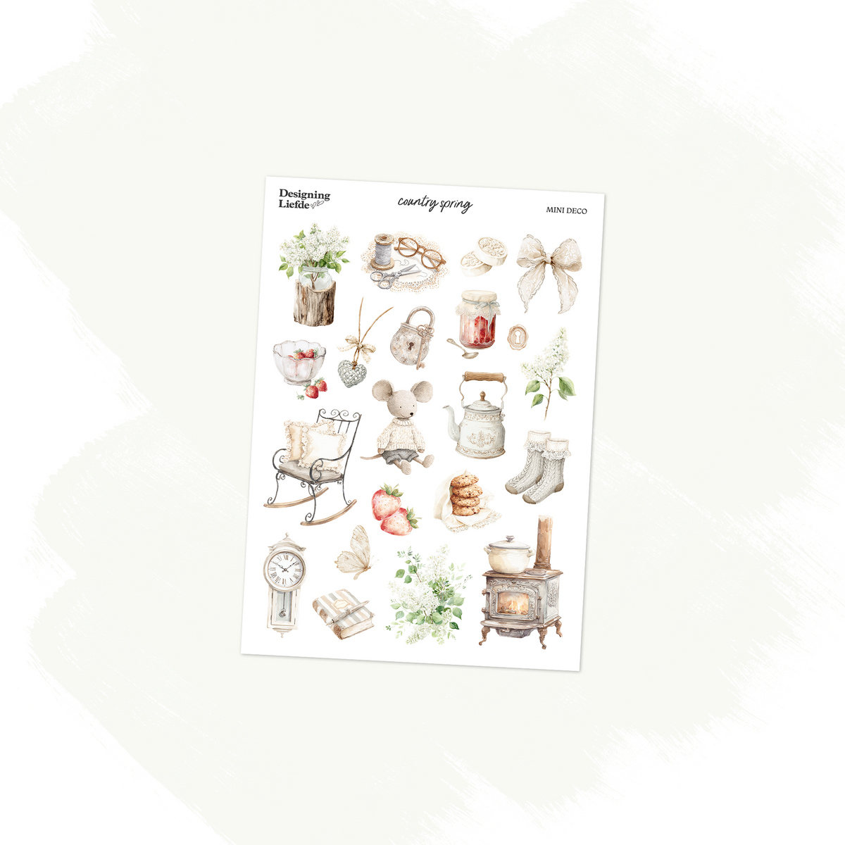 Country Spring Mini decorative sticker sheet with white florals, strawberries, a mouse and cosy cottage motifs