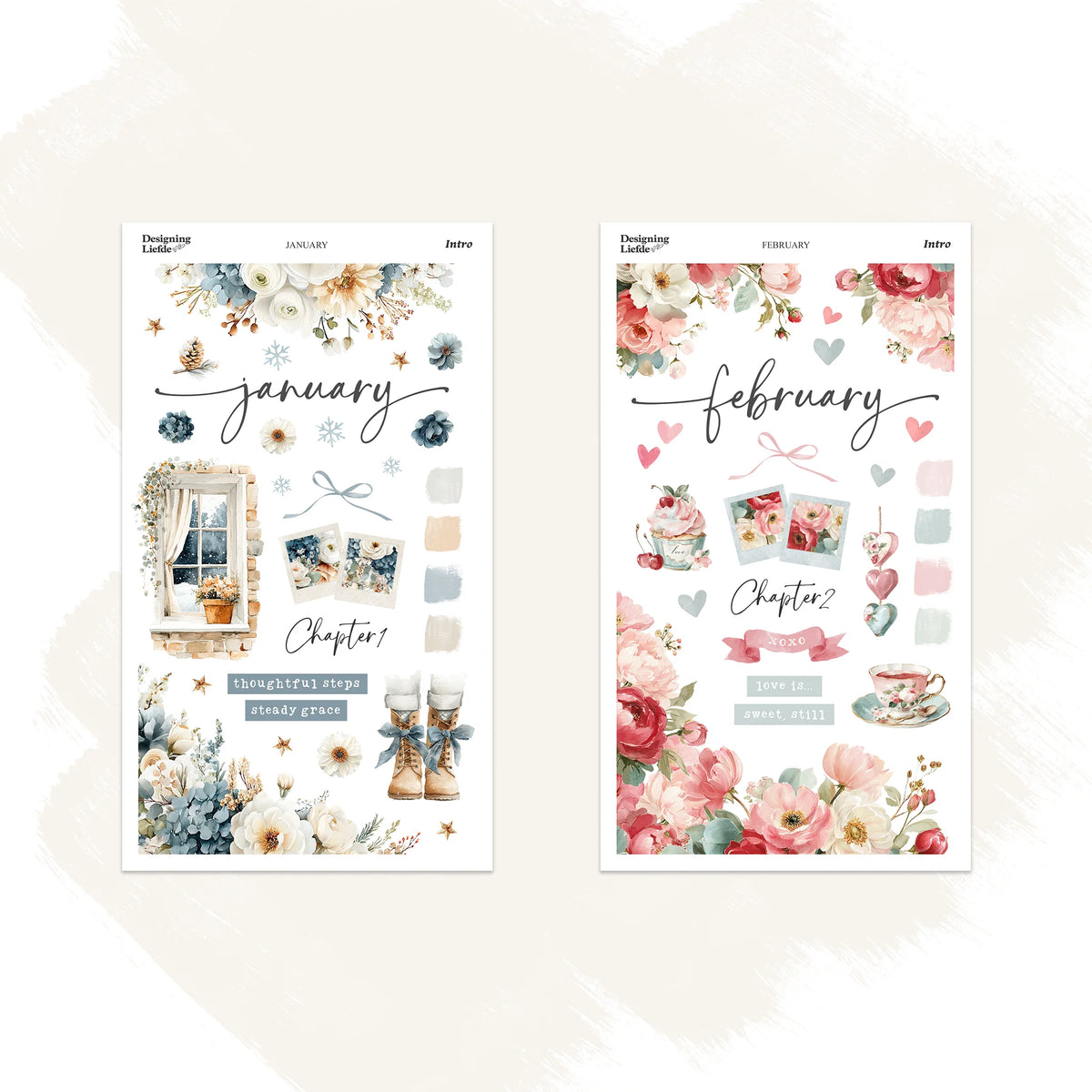 January and February Intro Kit sticker sheets with winter blue florals, pink flowers, hearts and a teacup