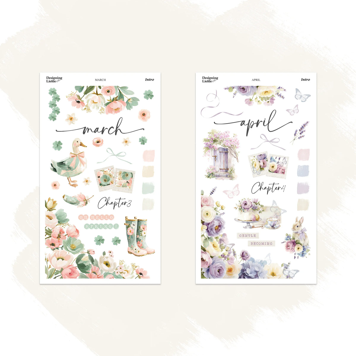 March and April Intro Kit sticker sheets with spring flowers, a duck, butterflies, a bunny and garden door
