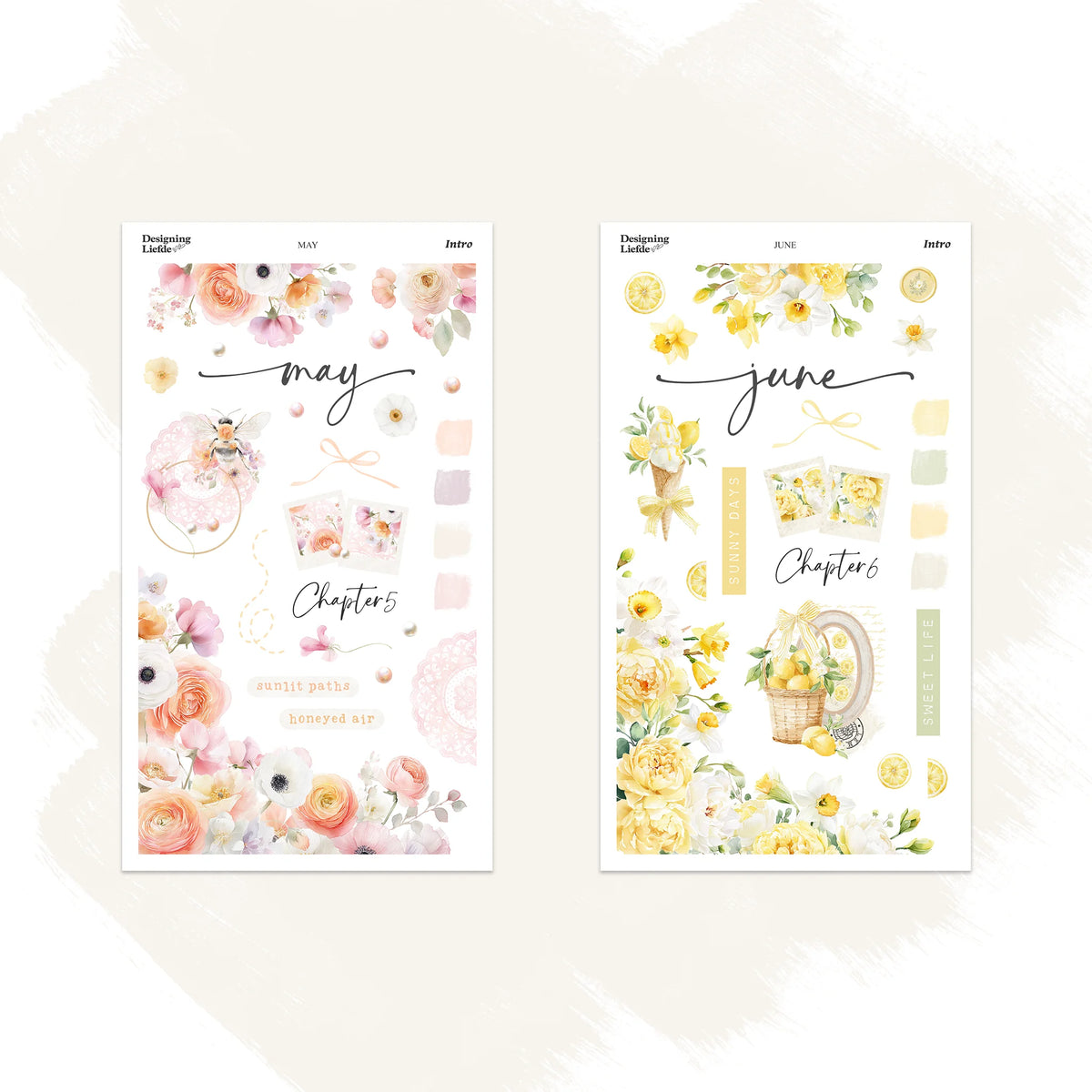 May and June Intro Kit sticker sheets with peach florals, a bee, lemons and yellow summer flowers
