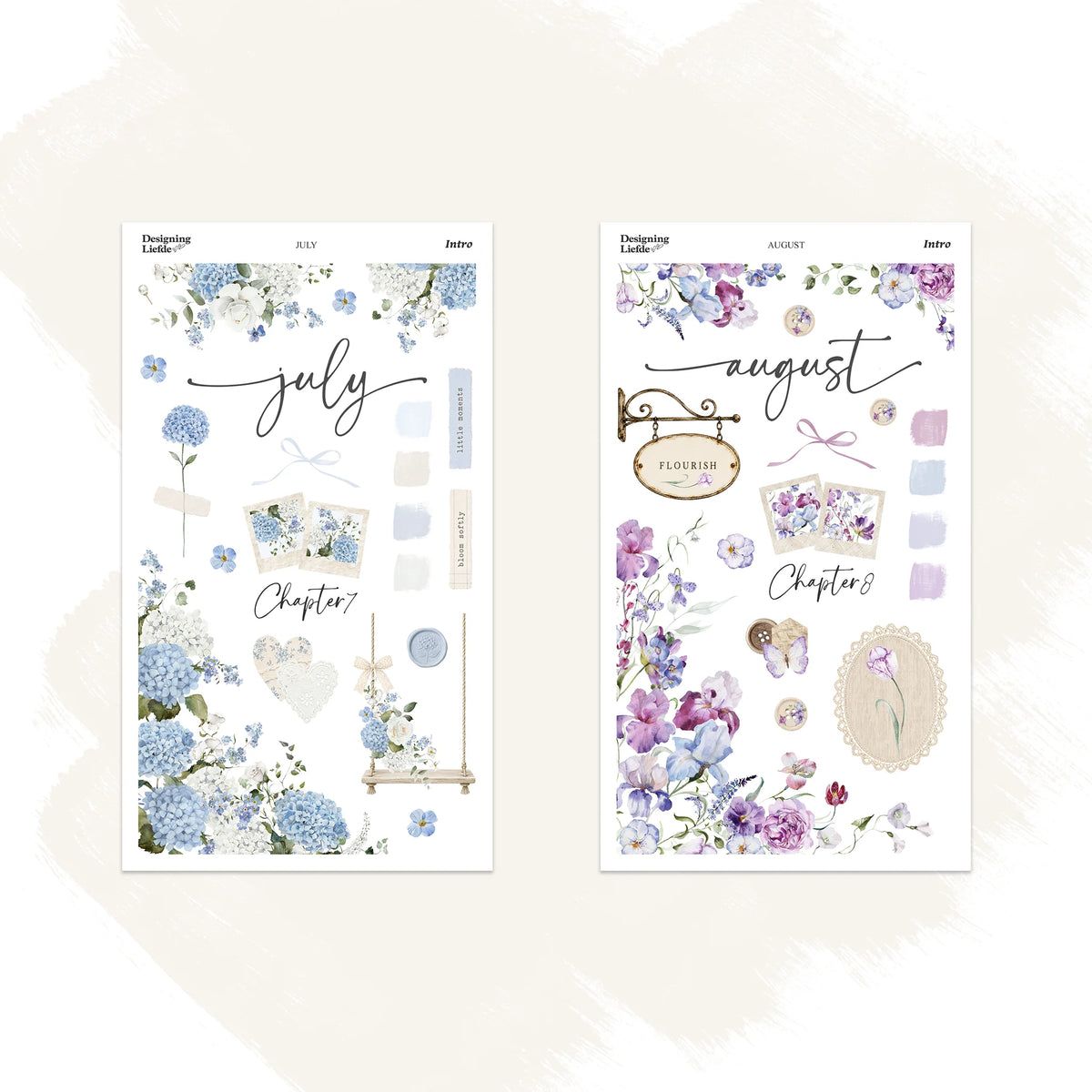 July and August Intro Kit sticker sheets with blue hydrangeas and purple vintage florals
