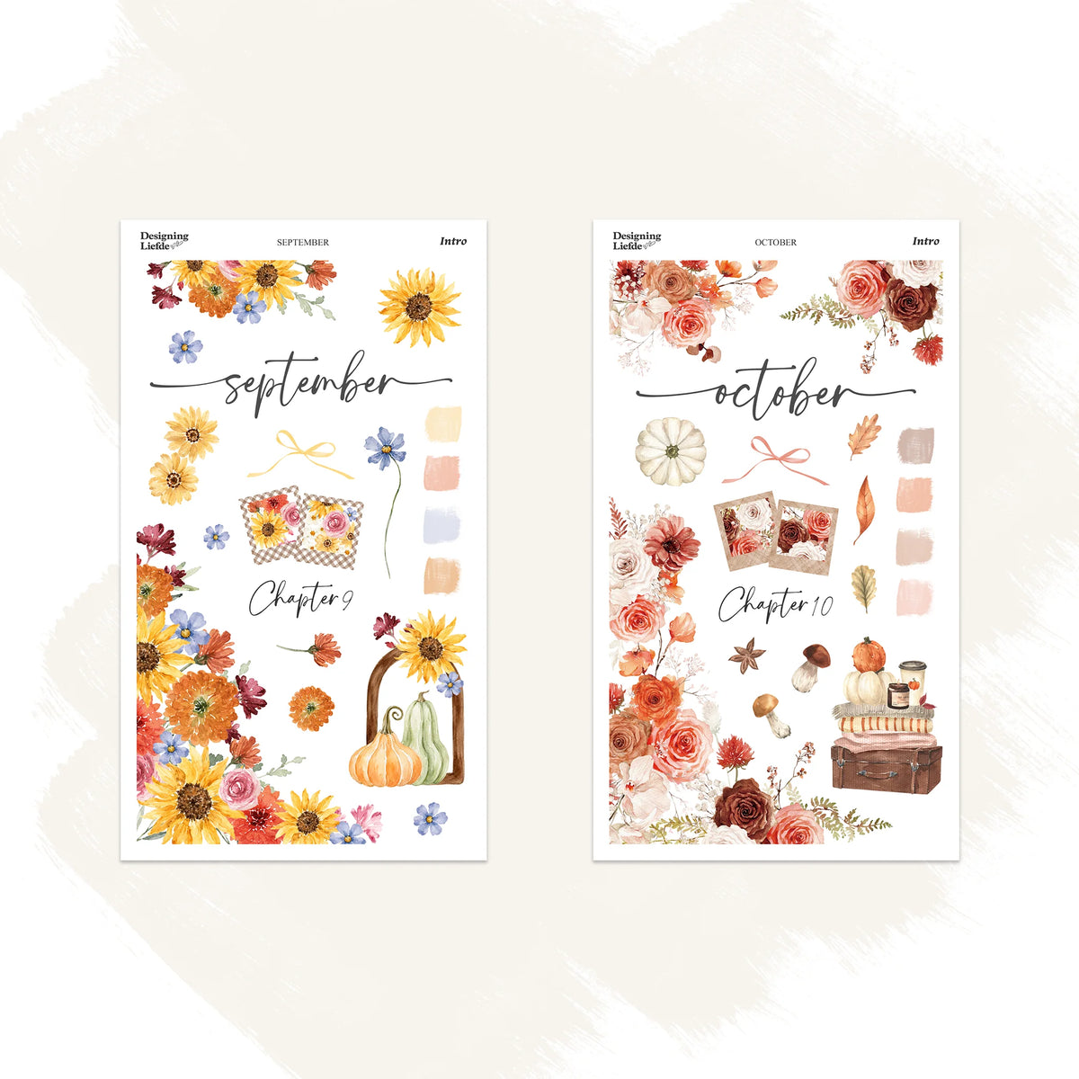 September and October Intro Kit sticker sheets with sunflowers, pumpkins, autumn florals, books and mushrooms