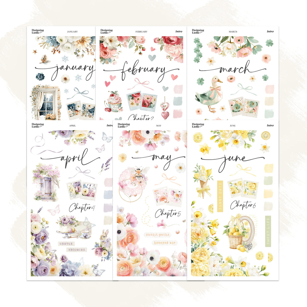 January to June 2027 Intro Kit bundle with six floral monthly sticker sheet designs