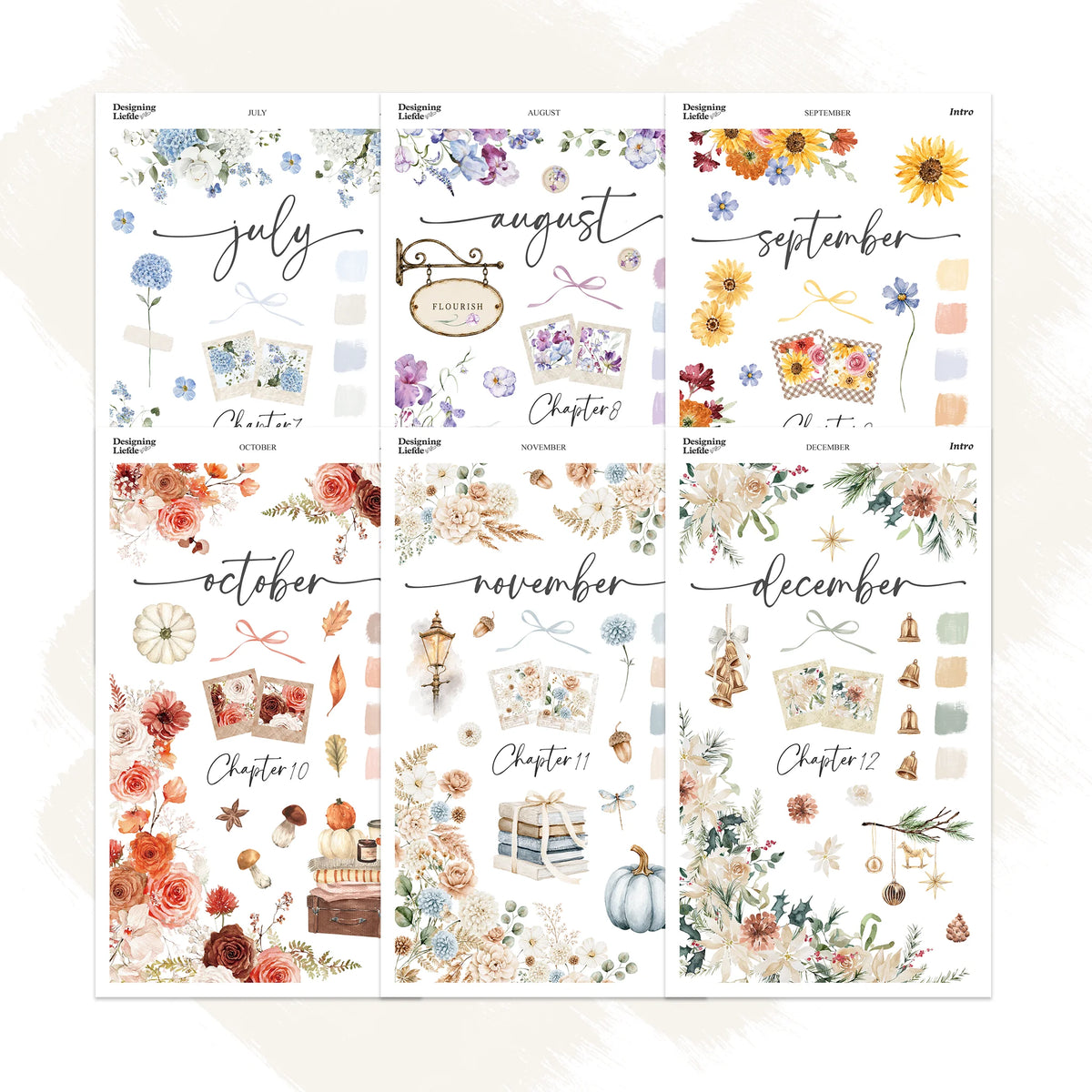 July to December 2027 Intro Kit bundle with six floral monthly sticker sheet designs