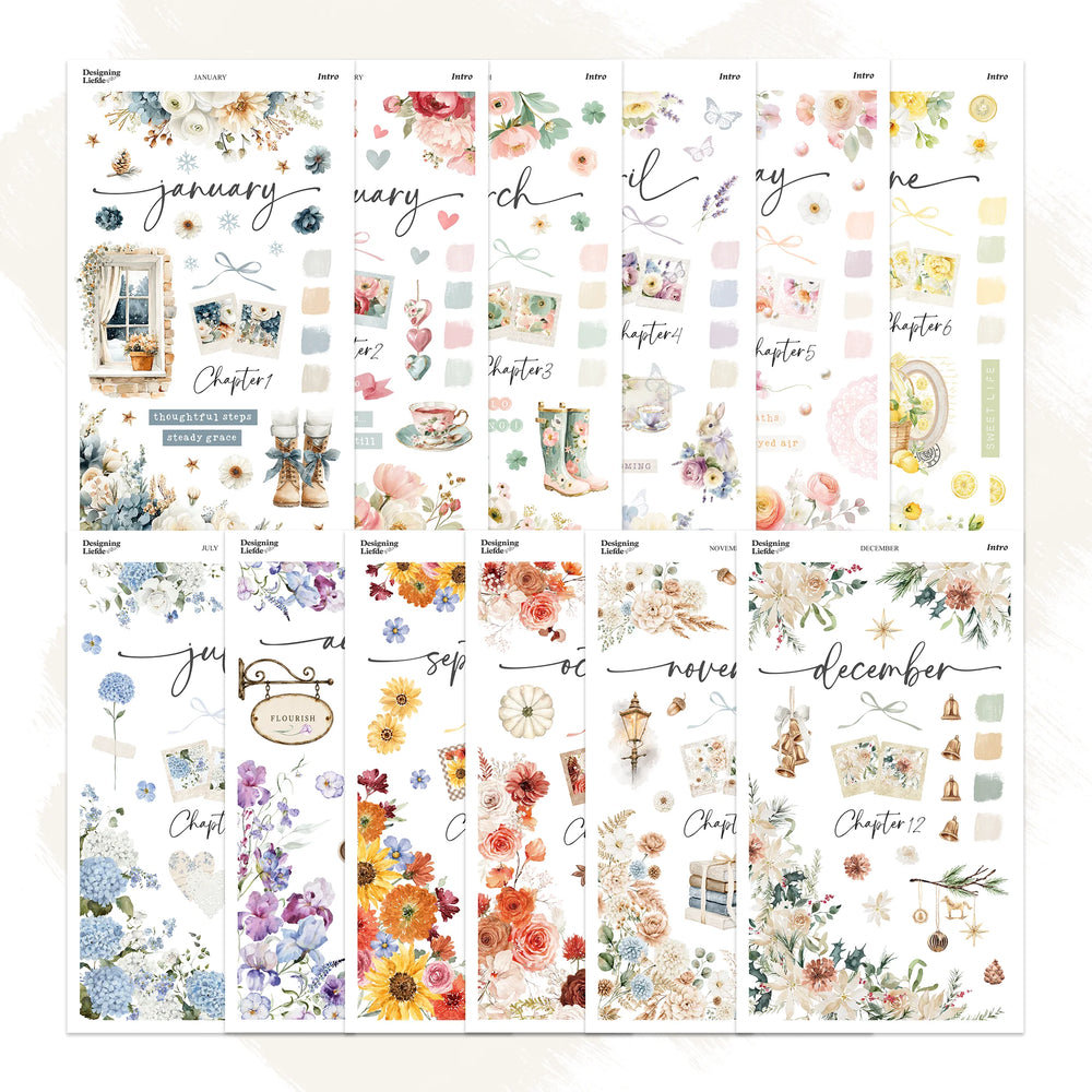 2027 Monthly Intro Sticker Kit Bundle showing all 12 floral monthly designs from January to December