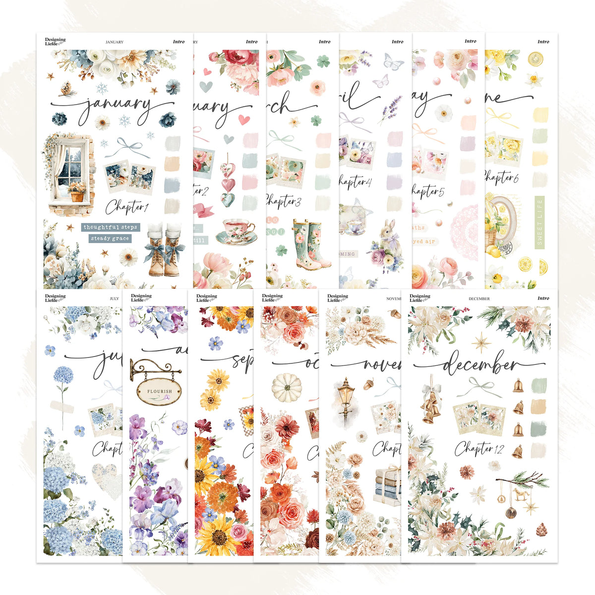 2027 Monthly Intro Sticker Kit Bundle showing all 12 floral monthly designs from January to December
