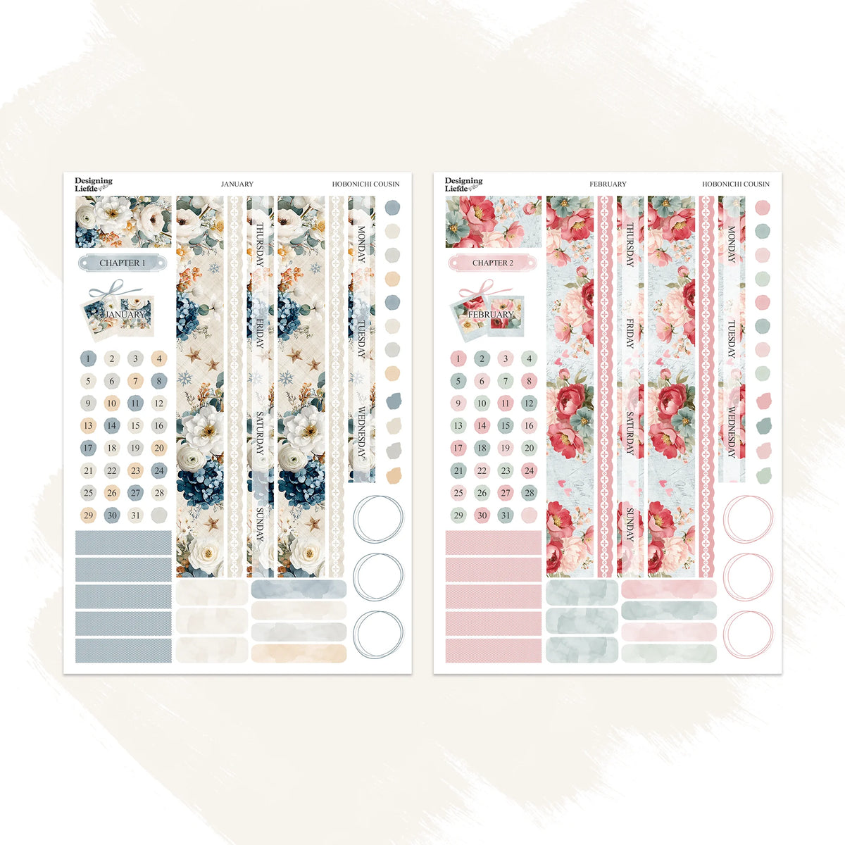 January and February floral sticker sheet designs for the Hobonichi Cousin