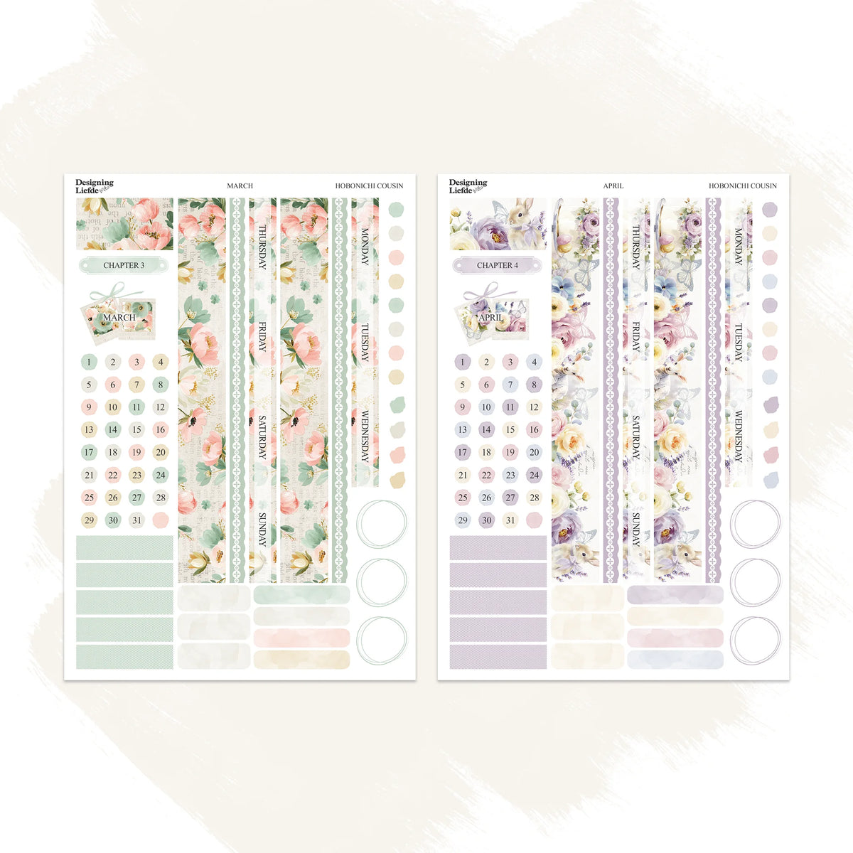 March and April floral sticker sheet designs for the Hobonichi Cousin