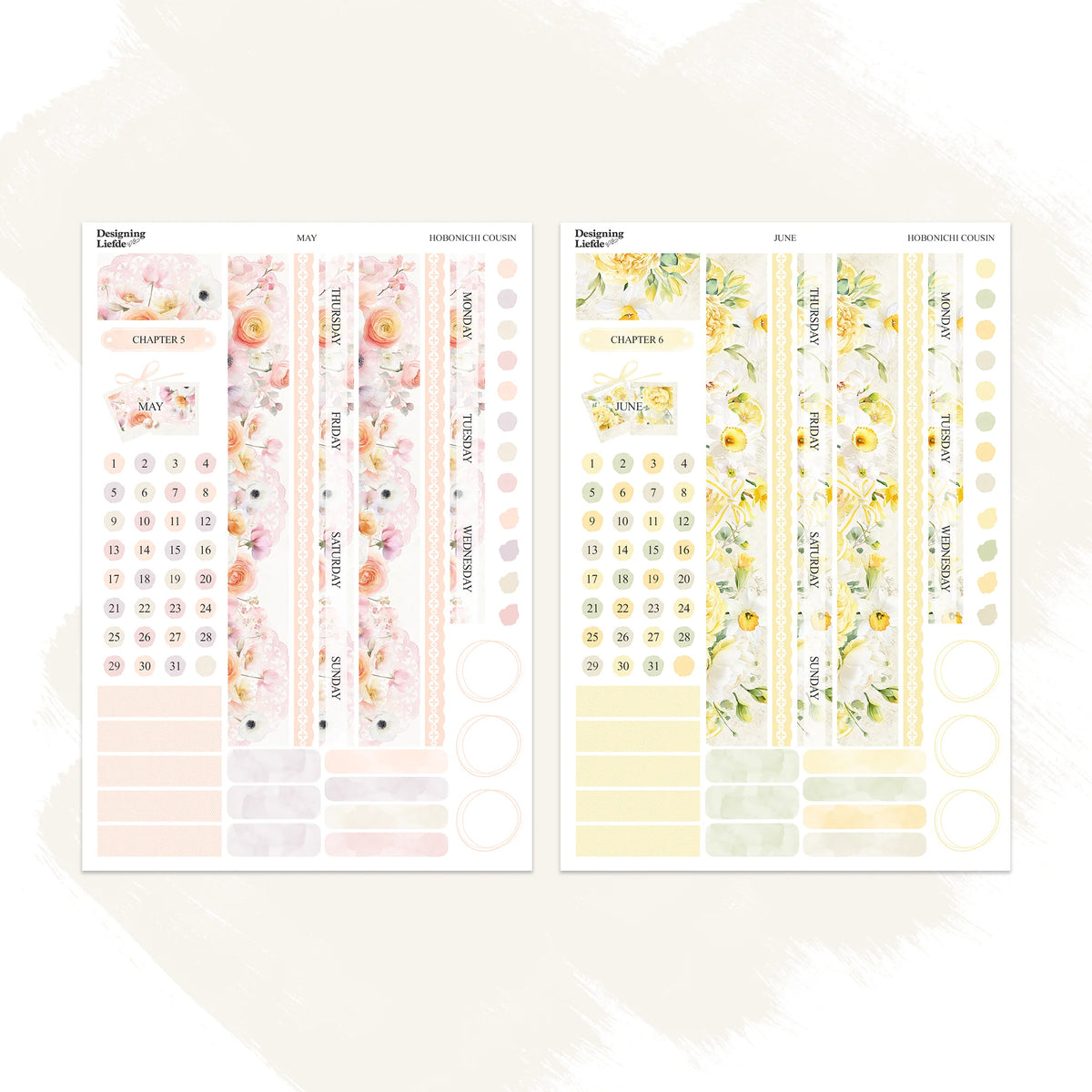 May and June floral sticker sheet designs for the Hobonichi Cousin