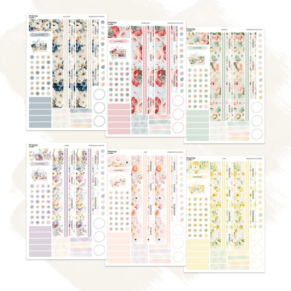 January to June floral monthly sticker kits for the Hobonichi Cousin