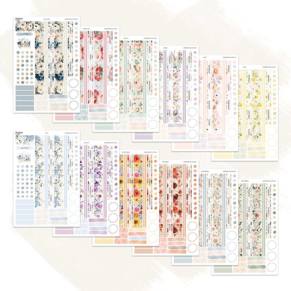 Twelve floral monthly sticker kits arranged for the Hobonichi Cousin