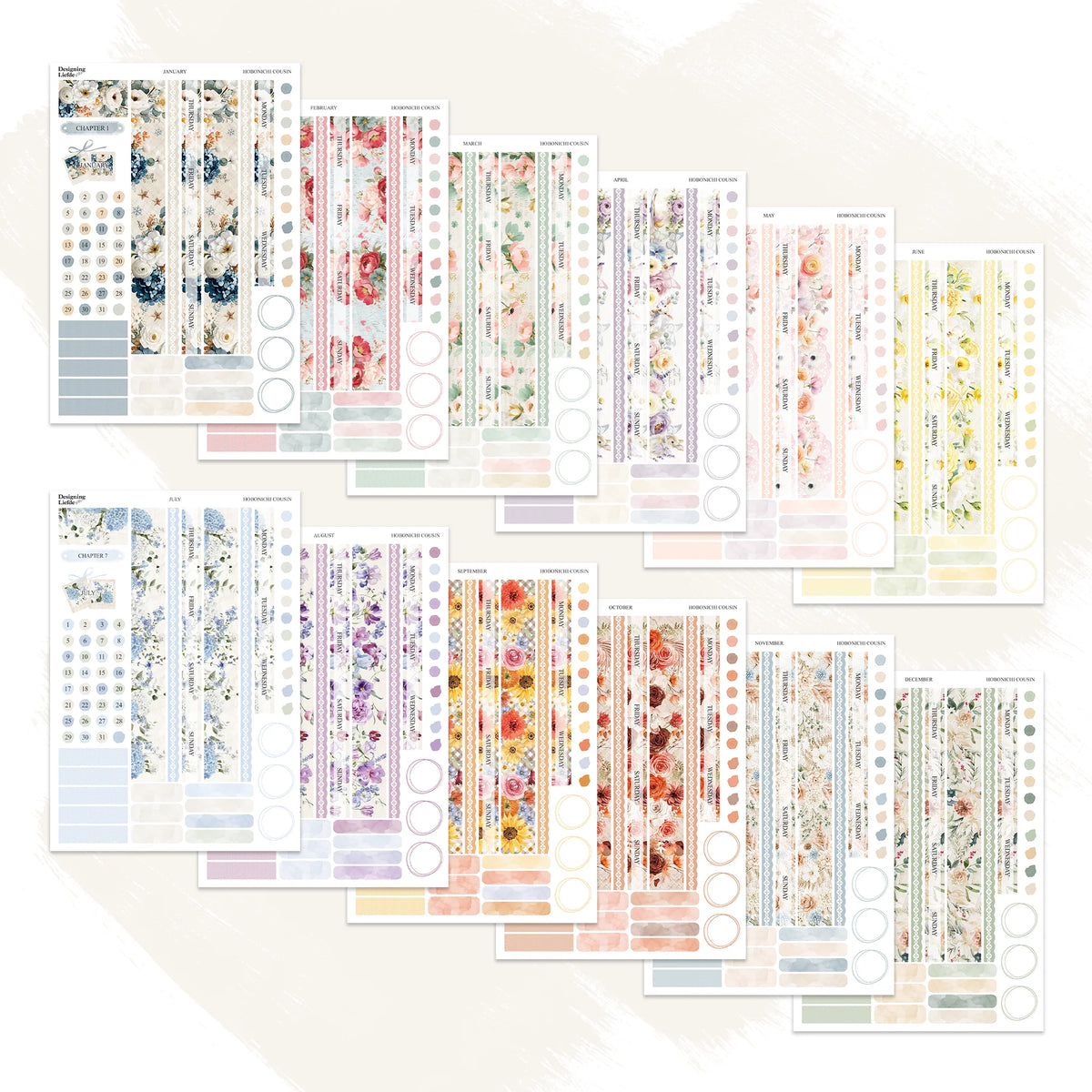 Twelve floral monthly sticker kits arranged for the Hobonichi Cousin