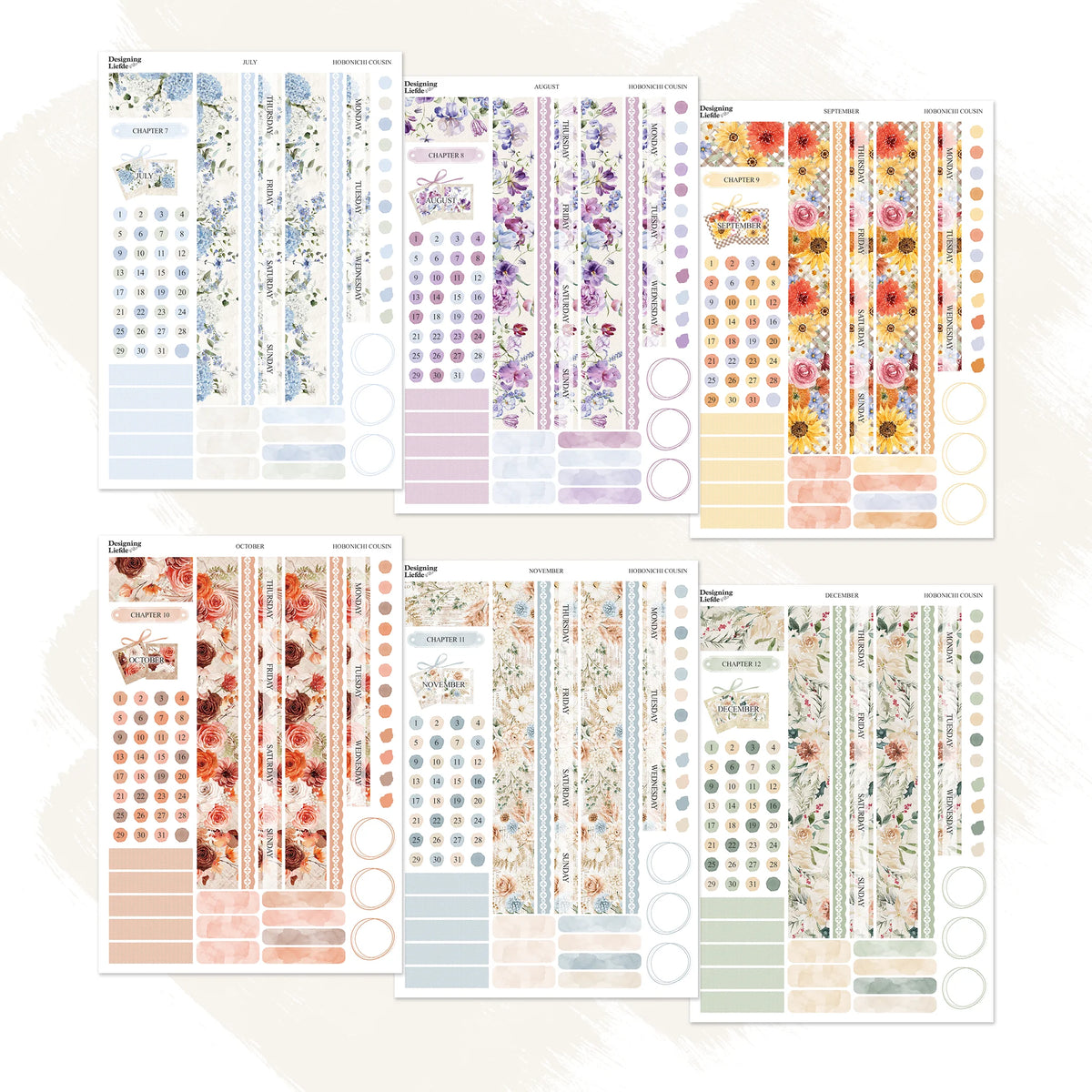 July to December floral monthly sticker kits for the Hobonichi Cousin