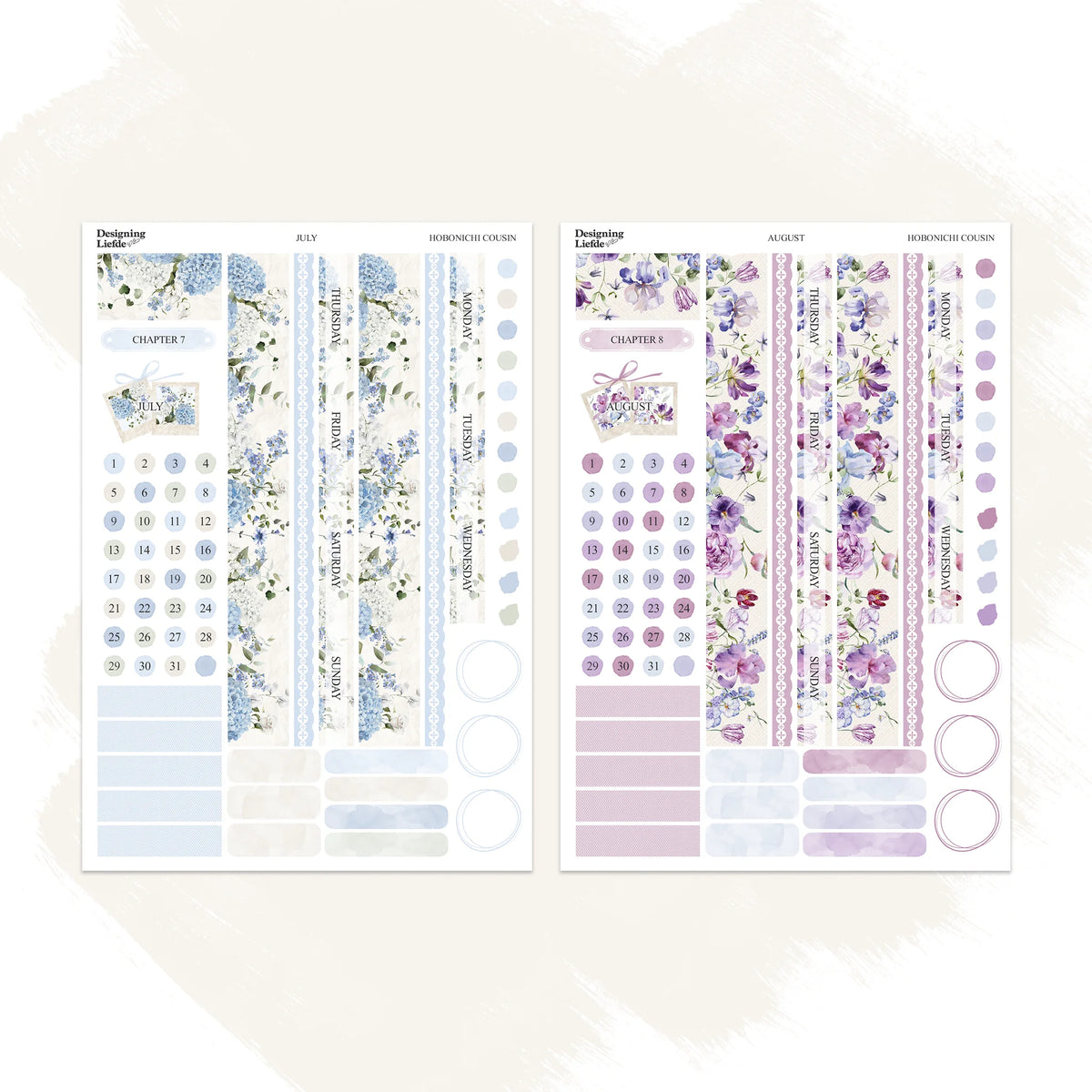 July and August floral sticker sheet designs for the Hobonichi Cousin