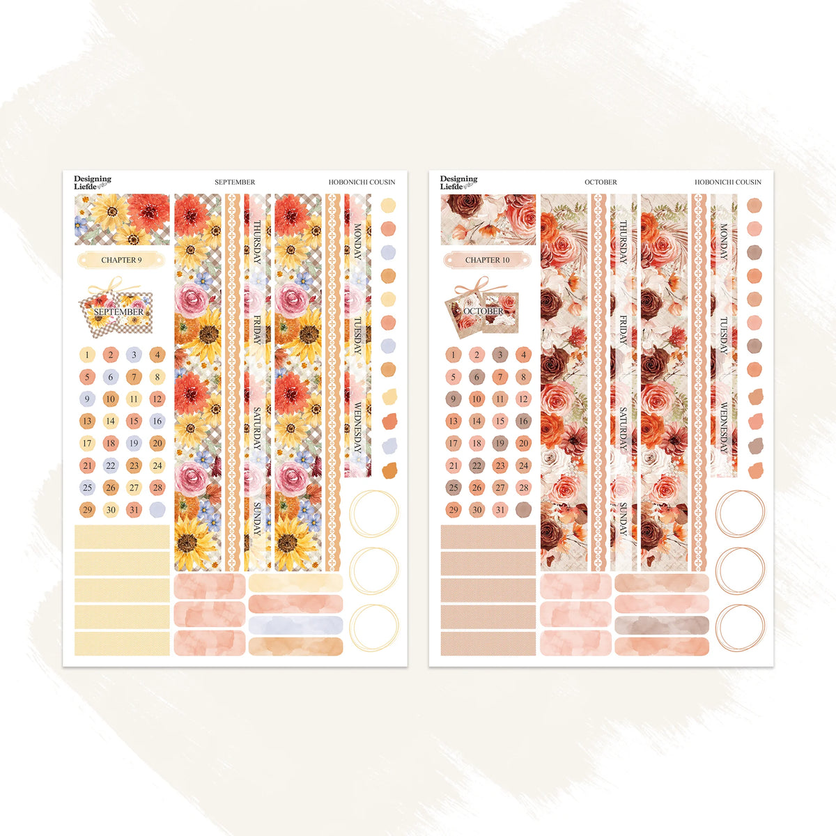 September and October floral sticker sheet designs for the Hobonichi Cousin