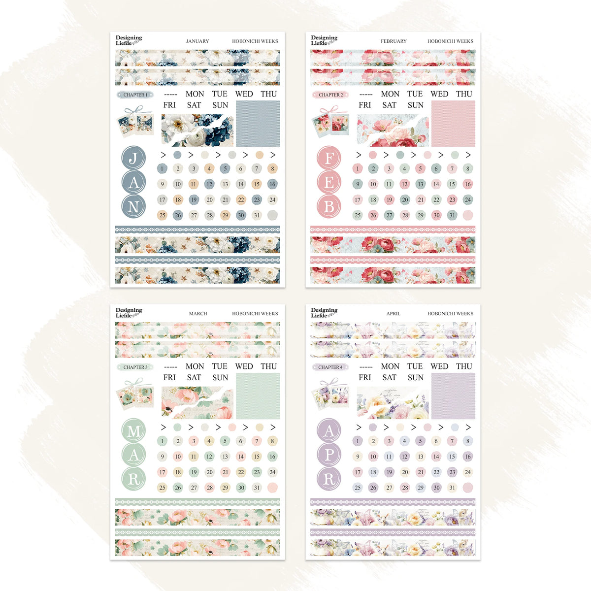 January to April floral sticker sheet designs for Hobonichi Weeks
