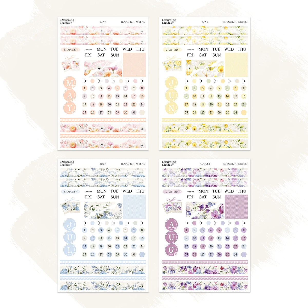 May to August floral sticker sheet designs for Hobonichi Weeks