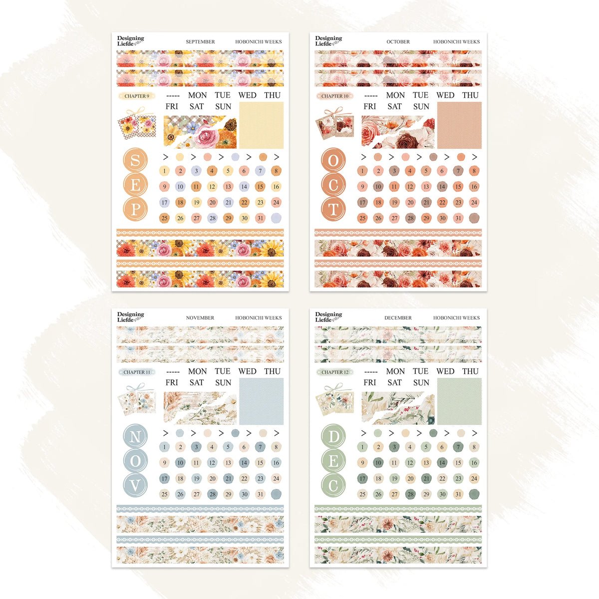 September to December floral sticker sheet designs for Hobonichi Weeks
