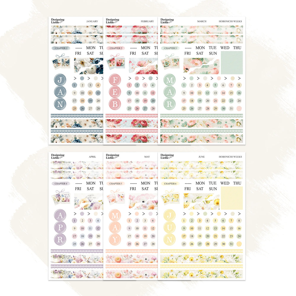 January to June floral monthly sticker kits for Hobonichi Weeks