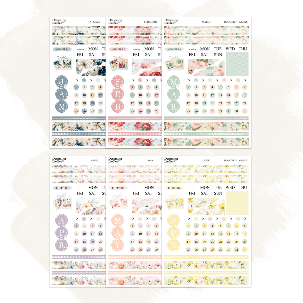 January to June floral monthly sticker kits for Hobonichi Weeks