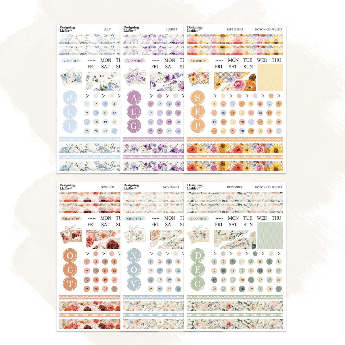 July to December floral monthly sticker kits for Hobonichi Weeks
