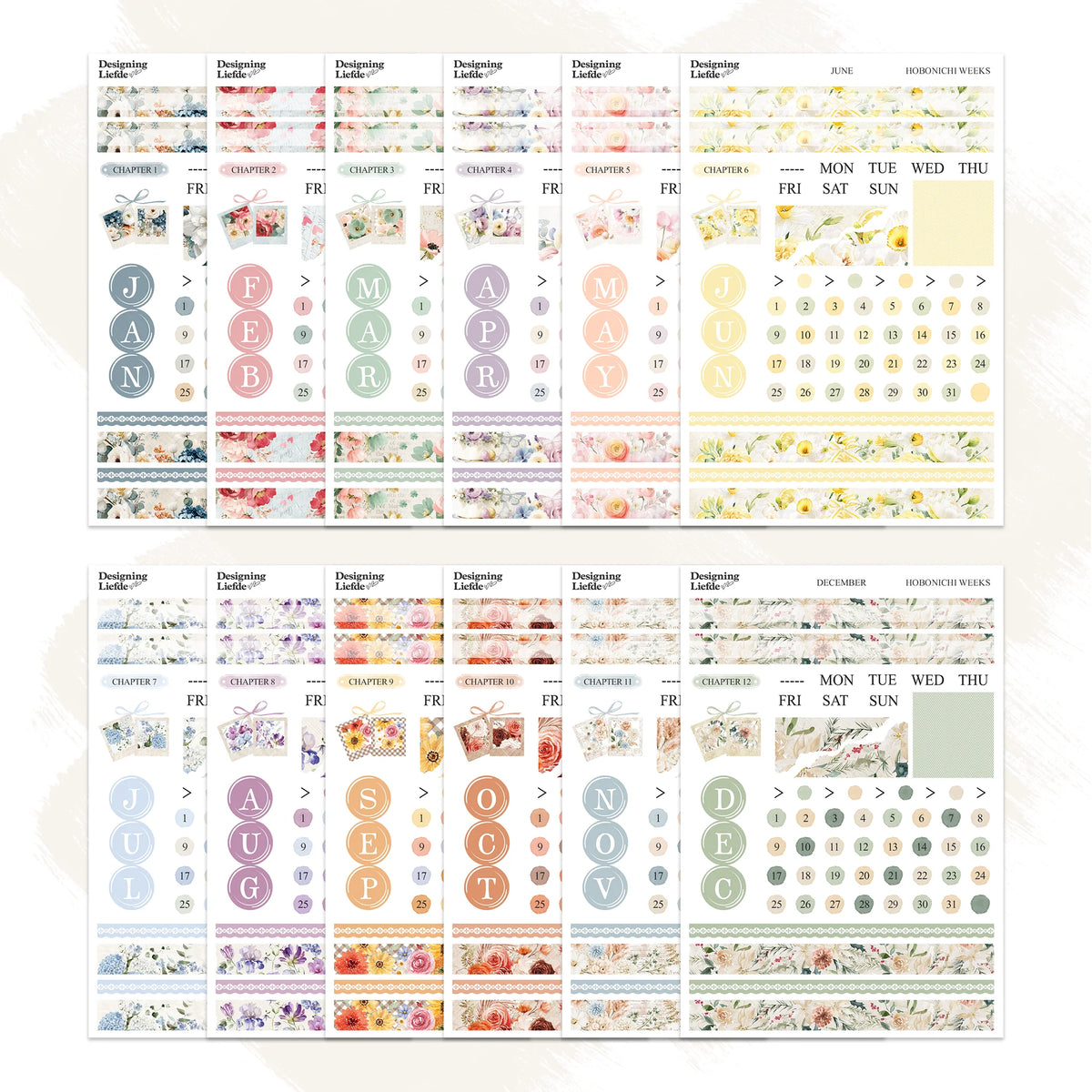 Twelve floral monthly sticker kits arranged for Hobonichi Weeks
