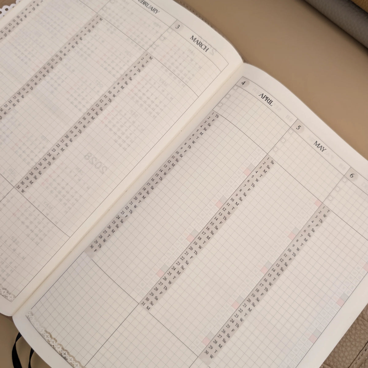 Douce Mémoire 2027 Yearly Index stickers installed across the index pages of a Hobonichi Cousin