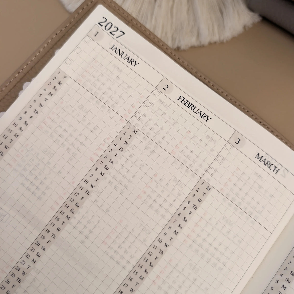 Close view of Douce Mémoire 2027 month and date stickers in a Hobonichi Cousin Yearly Index